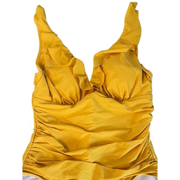 DKNY Swimsuit Womens Size 14 Yellow One Piece Ruching Straps Ruffles Designer - Picture 7 of 11